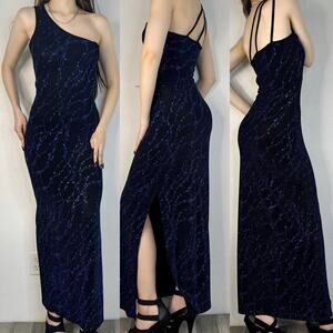 Vintage 90s Semi Sheer Sparkly Maxi Dress Blue Black One Shoulder Prom Formal